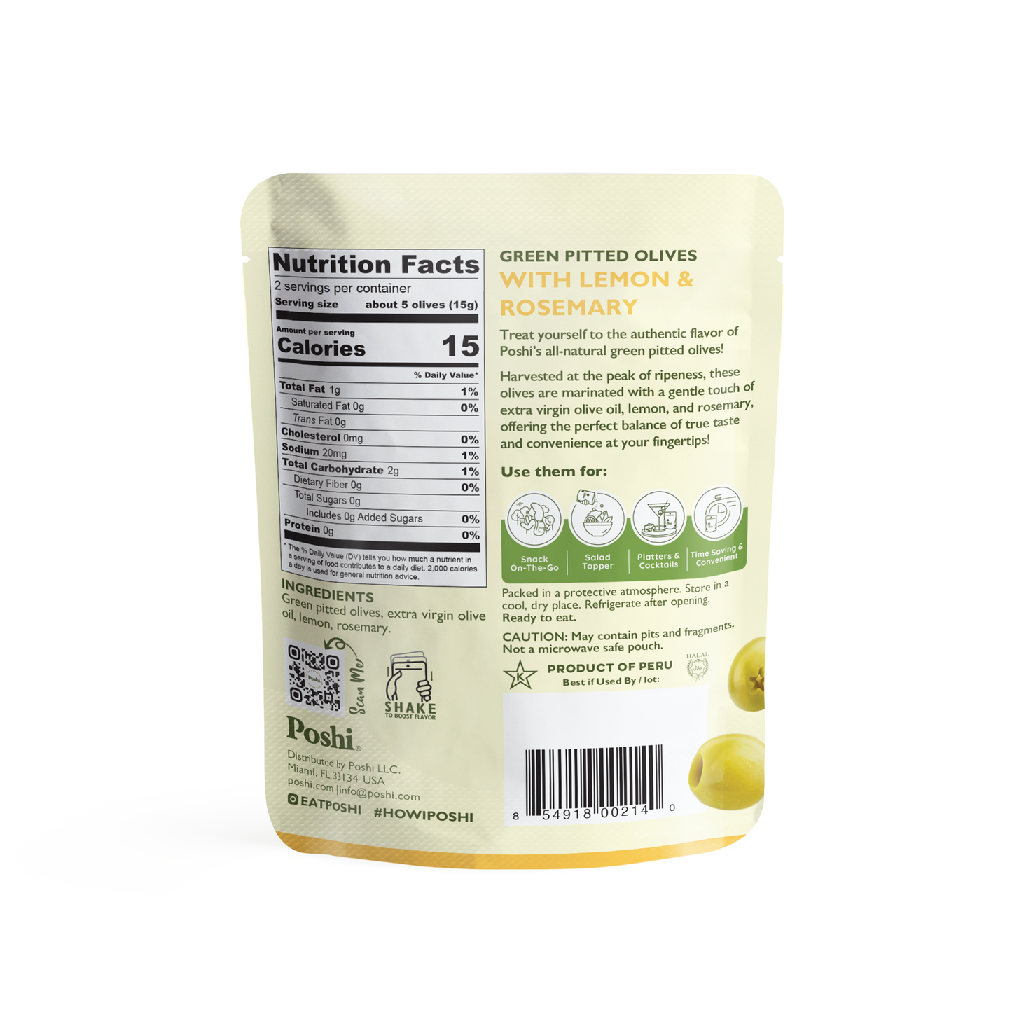POSHI - Poshi Snacks - Lemon & Rosemary Pitted Green Olives 1.1oz/10