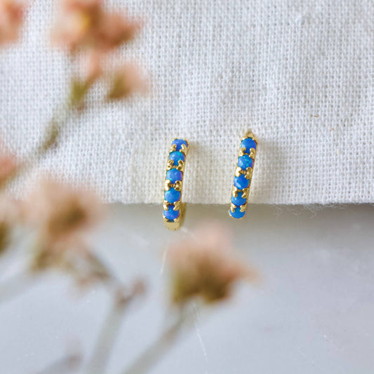 Mesa Blue - Blue Opal Huggie Hoop Earrings Hypoallergenic, Sterling Silv