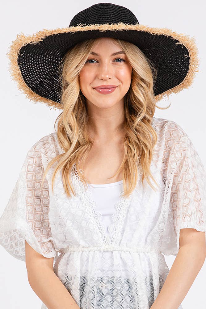 Hana - Frayed Edge Two Tone Floppy Summer Straw Hat