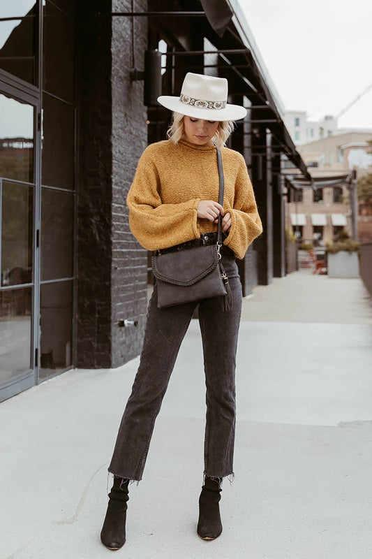 Jen & Co. - M1802A Sloane Flapover Crossbody w/ Whipstitch and Tassel