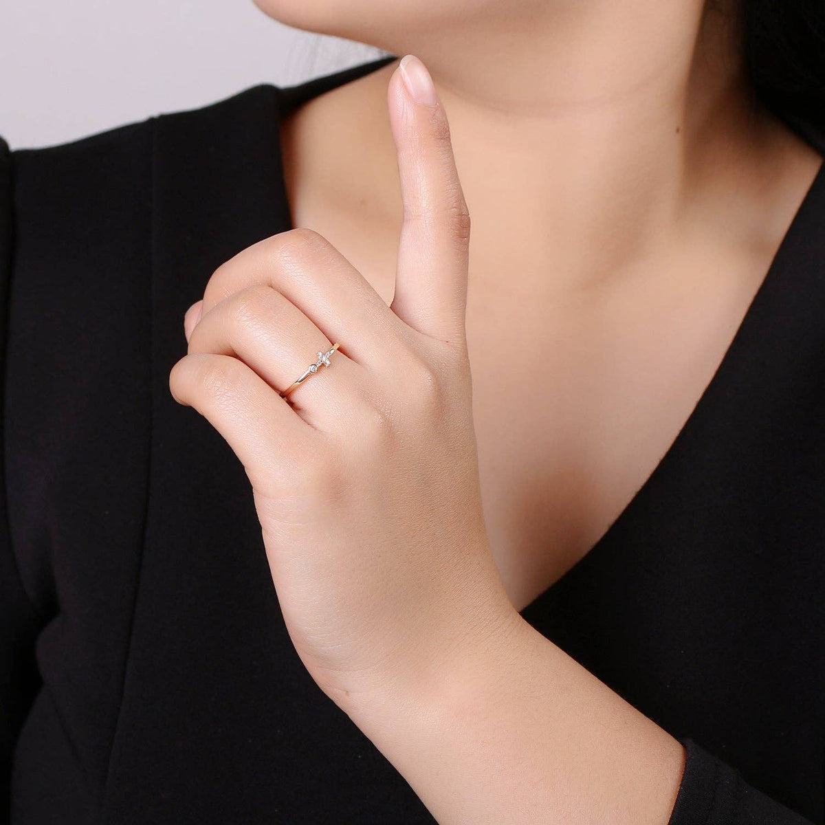 Aim Eternal - Delicate Sideway Cross Ring 18k gold Filled Open Adjustable Ring R306