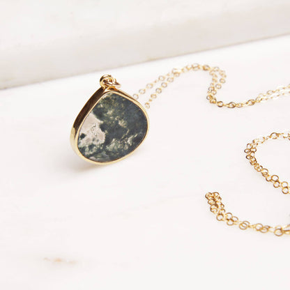 Soul & Little Rose - Moss Agate Large Drop Gold Pendant Necklace