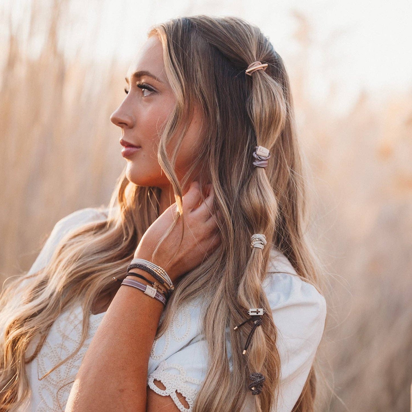 K'lani hair tie bracelets - "Faith" Warm Neutrals with Gold Cross Hair Tie Bracelets