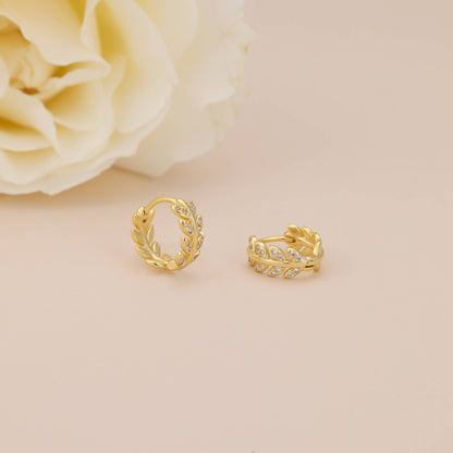 Melange Blanc - E043 gold leaf huggie earrings, leaf hoop earrings, huggies