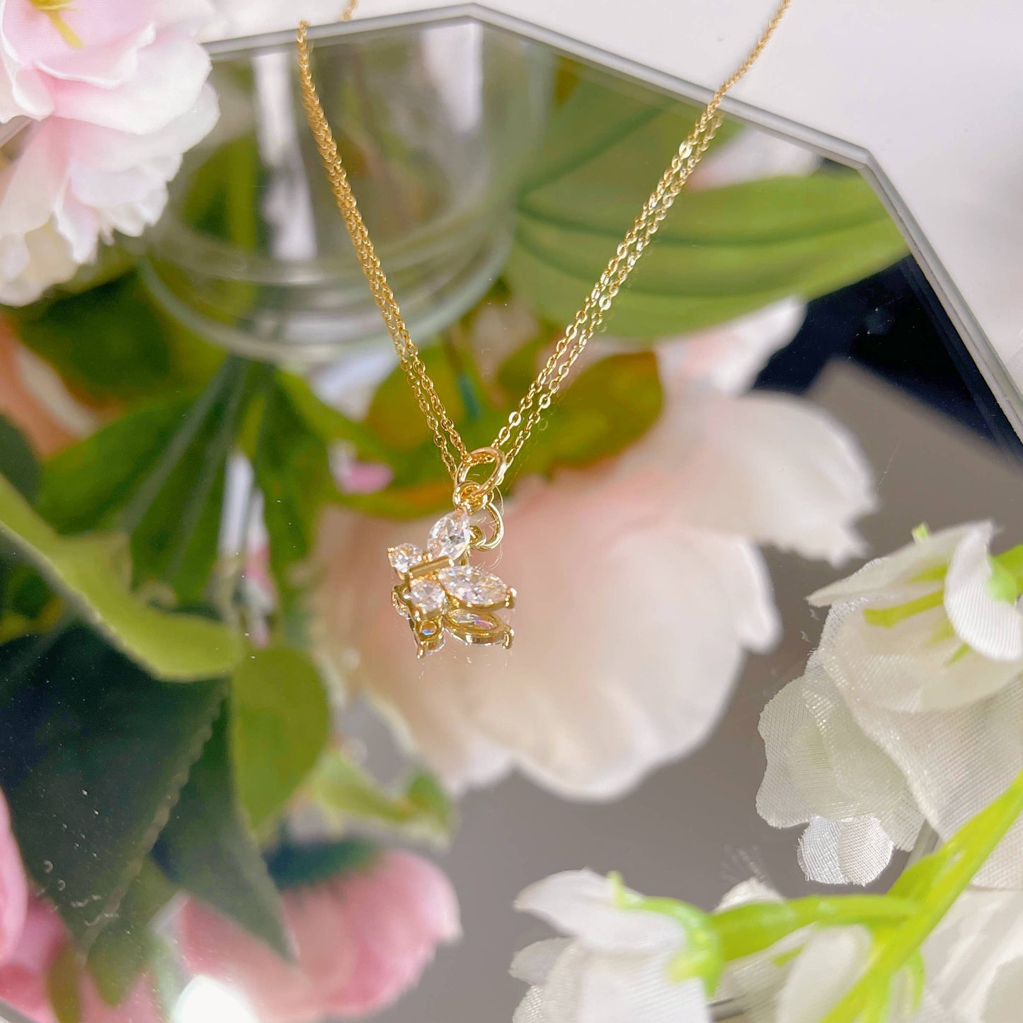 Melange Blanc - N025 gold crystal butterfly charm pendant necklace