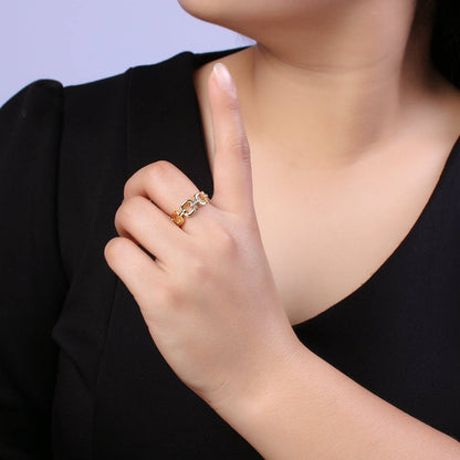 Aim Eternal - 24K Gold Filled Cable Paperclip Chain Link Ring, Dainty Micro Pave Cubic Zirconia CZ Ring S-347