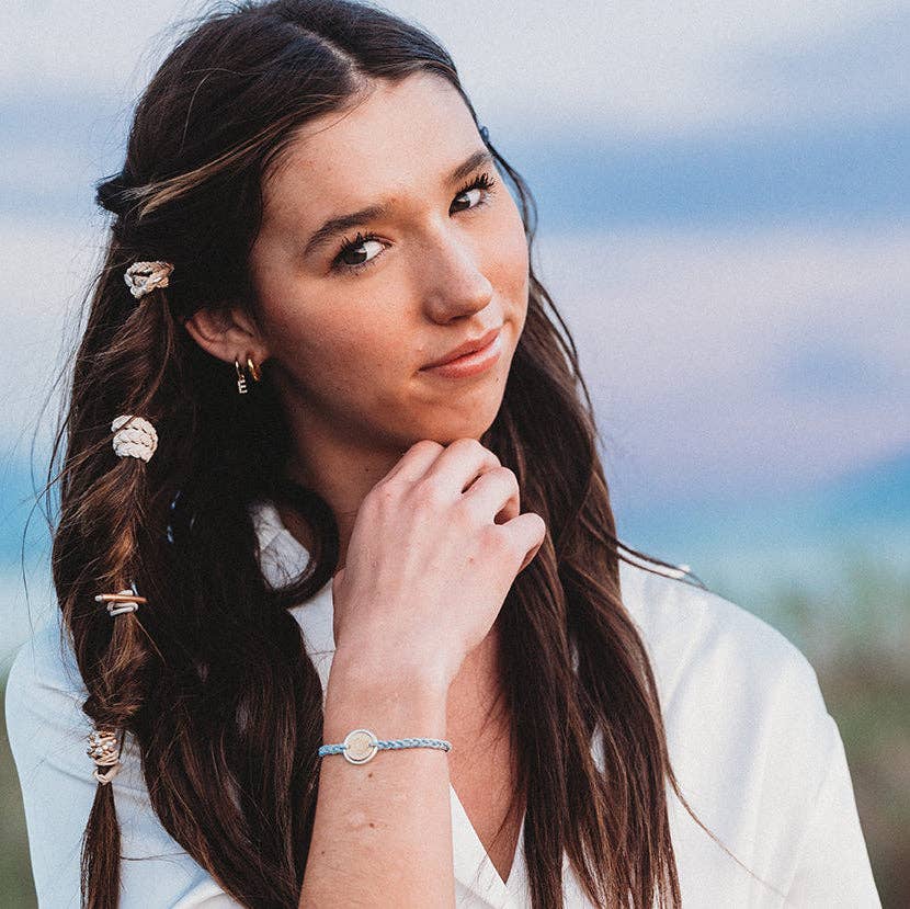 K'lani hair tie bracelets - "Wonder" Soft Creams & Blues with Pearls & Gold Hair Tie Bracelets