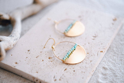 Cecelia Designs Jewelry - Gold Plated Half Moon & Seed Bead or Turquoise Beaded Hoops