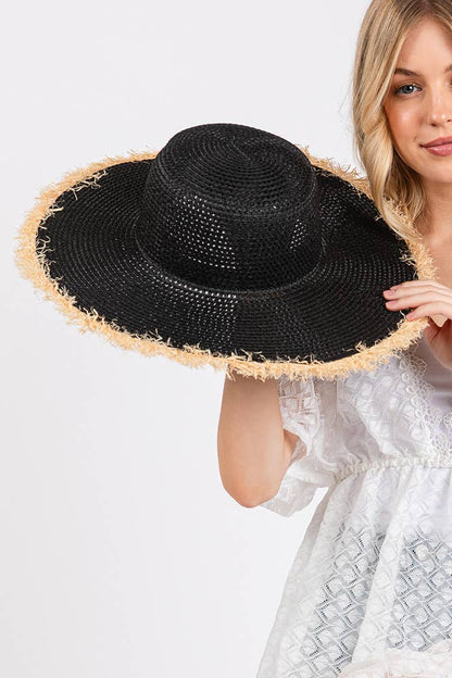 Hana - Frayed Edge Two Tone Floppy Summer Straw Hat