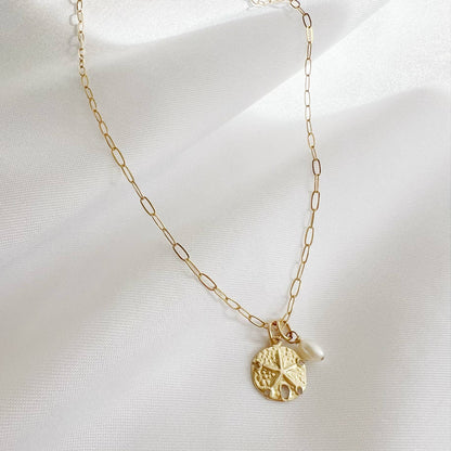 True by Kristy Jewelry - Sandy Pearl Beach Sand Dollar Charm Necklace Gold Filled