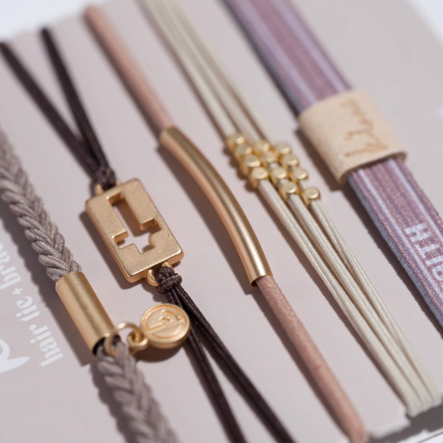 K'lani hair tie bracelets - "Faith" Warm Neutrals with Gold Cross Hair Tie Bracelets