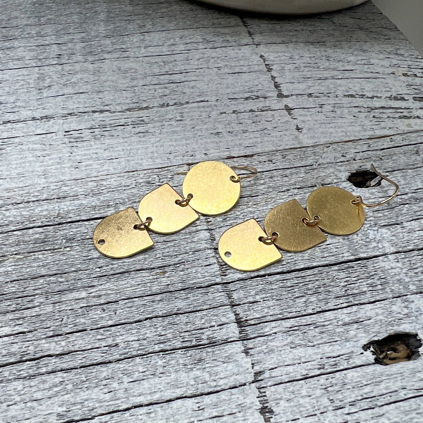 Sela+Sage - Circle Arch Three, Worn Brass Drop  Earrings & Gold Filled