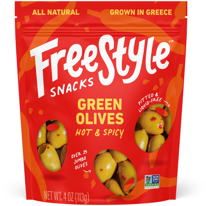 Freestyle Snacks - Hot & Spicy Green Olives 4oz - Freestyle Snacks