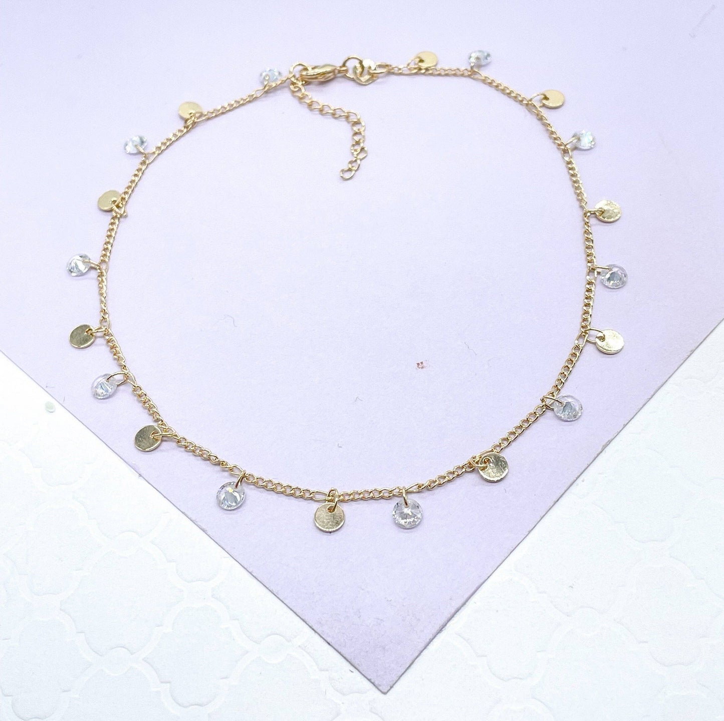 Milie Jewels - 18k Gold Filled Figaro Chain Anklet with Discs & CZ Stones