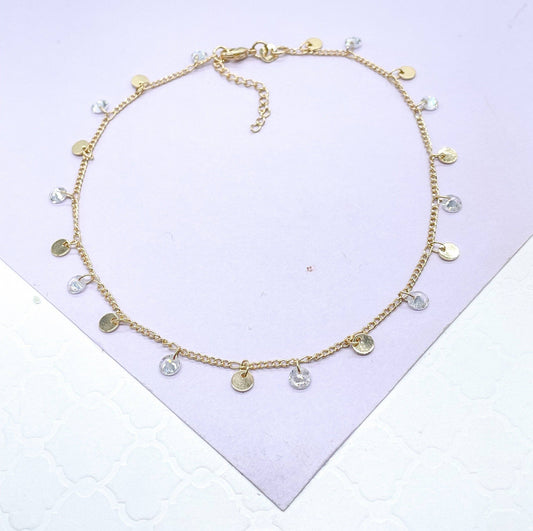Milie Jewels - 18k Gold Filled Figaro Chain Anklet with Discs & CZ Stones