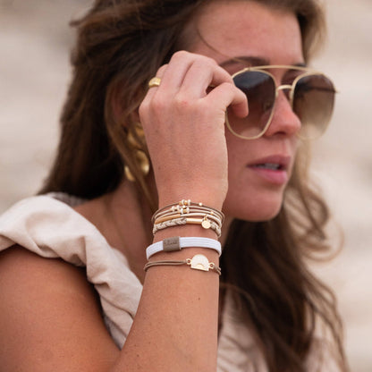 K'lani hair tie bracelets - "Rise" Cream and Tan With Gold & Sun Accents Hair Tie Bracelets