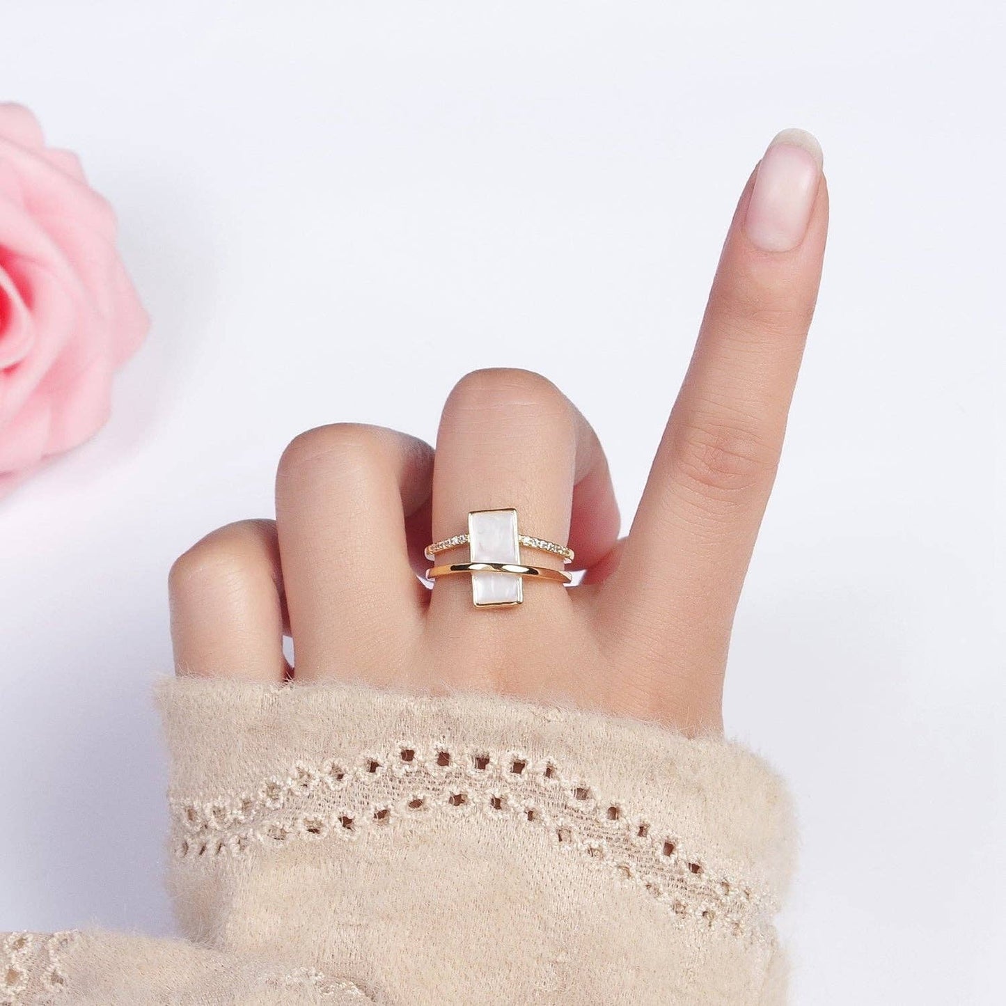 Aim Eternal - White Sparkly Enamel Bar Micro Paved CZ Double Band Ring