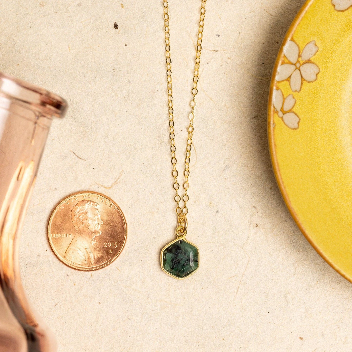 Soul & Little Rose - Emerald Hexagon Pendant Gold Necklace
