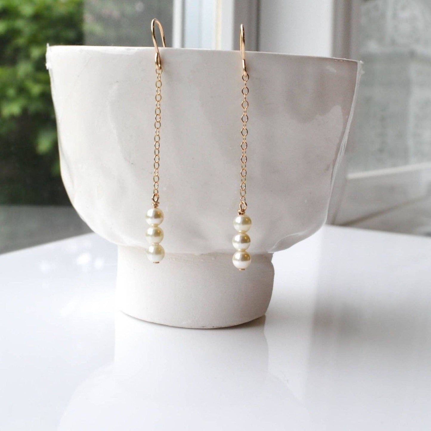 Sela+Sage - 3 Pearl Drop Earrings, Long Pearl Dangle