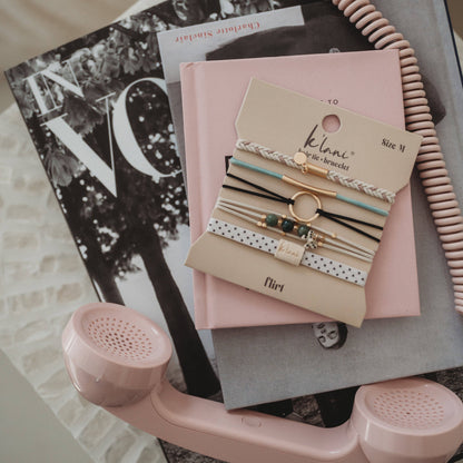 K'lani hair tie bracelets - "Flirt" Polka Dot in Cream & Black with Green Accent Hair Tie Bracelets