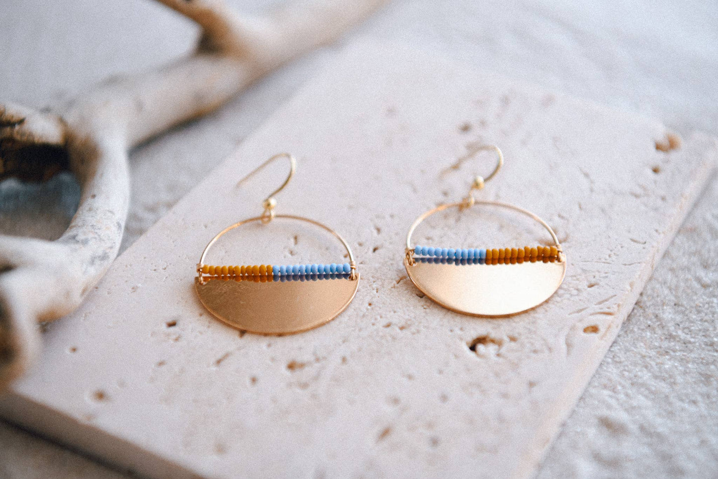 Cecelia Designs Jewelry - Gold Plated Half Moon & Seed Bead or Turquoise Beaded Hoops