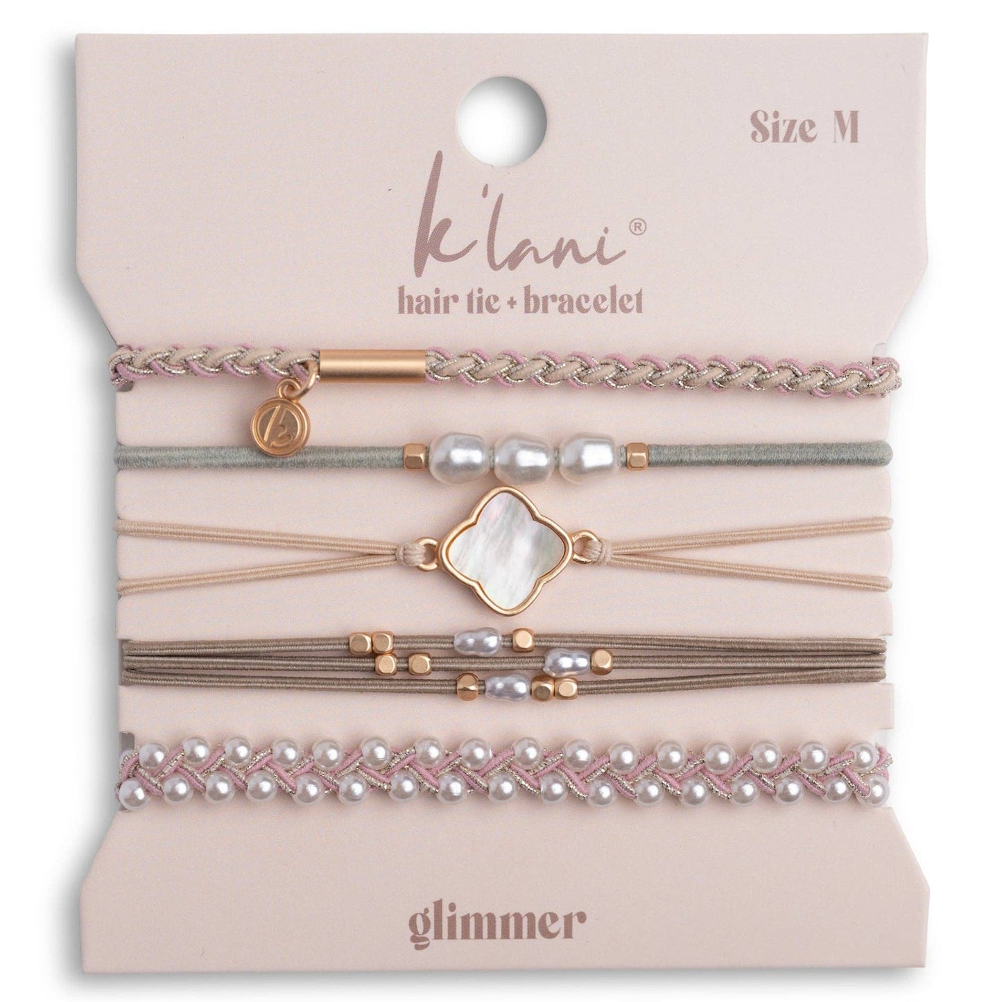 K'lani hair tie bracelets - "Glimmer" Soft Pinks with Pearl & Gold Accent Hair Tie Bracelets