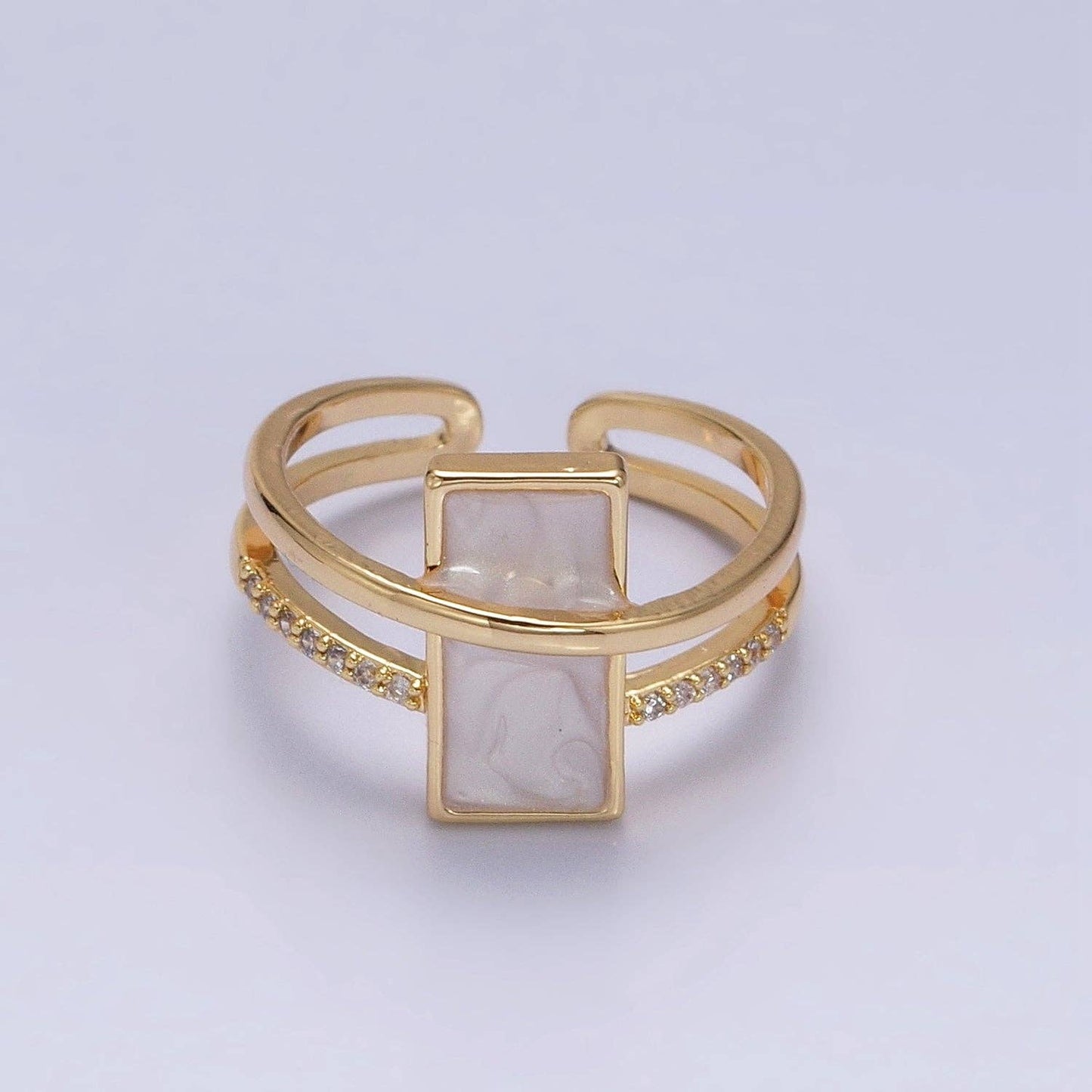 Aim Eternal - White Sparkly Enamel Bar Micro Paved CZ Double Band Ring