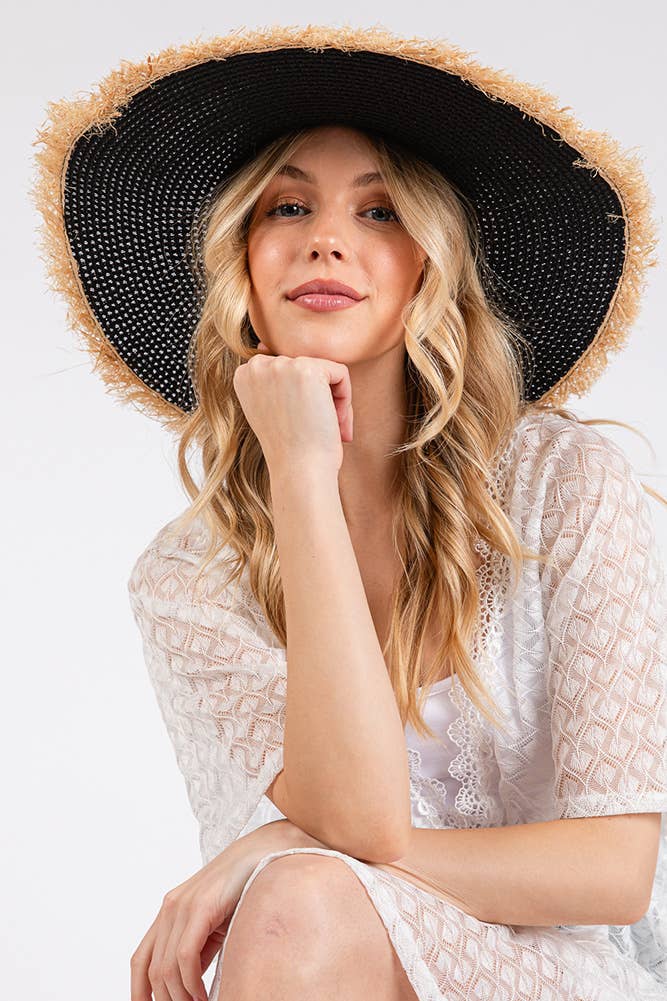 Hana - Frayed Edge Two Tone Floppy Summer Straw Hat