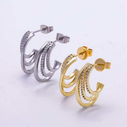 Aim Eternal - 16K Gold Filled 21mm Micro Paved CZ Claw J-Shaped Hoop Earrings in Gold & Silver | Earrings-00337 Earrings-00338