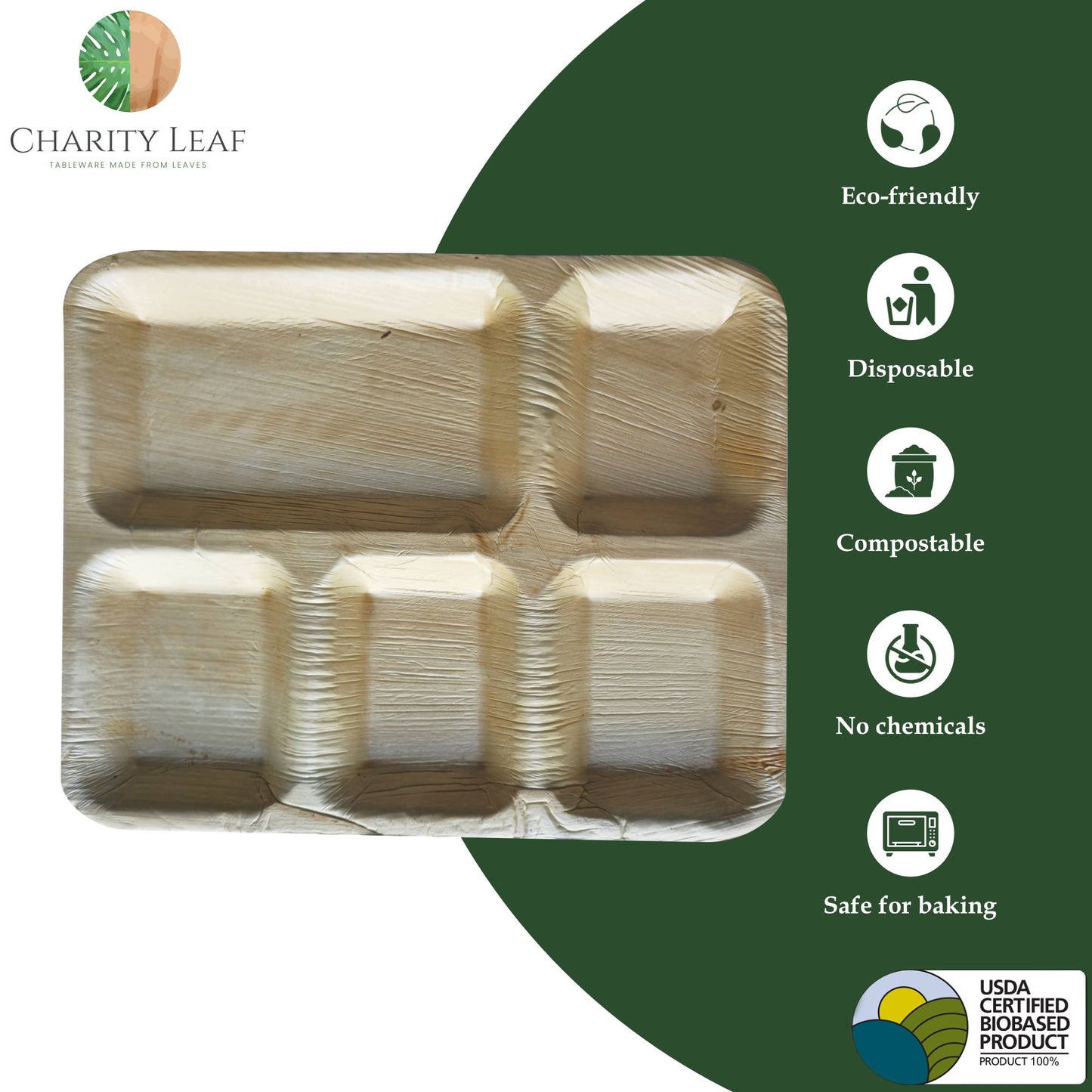 Charity Leaf - Palm Leaf 12x10" Rectangle - 5 Compartment - Pk of 25 Plates