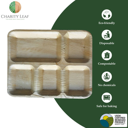 Charity Leaf - Palm Leaf 12x10" Rectangle - 5 Compartment - Pk of 25 Plates
