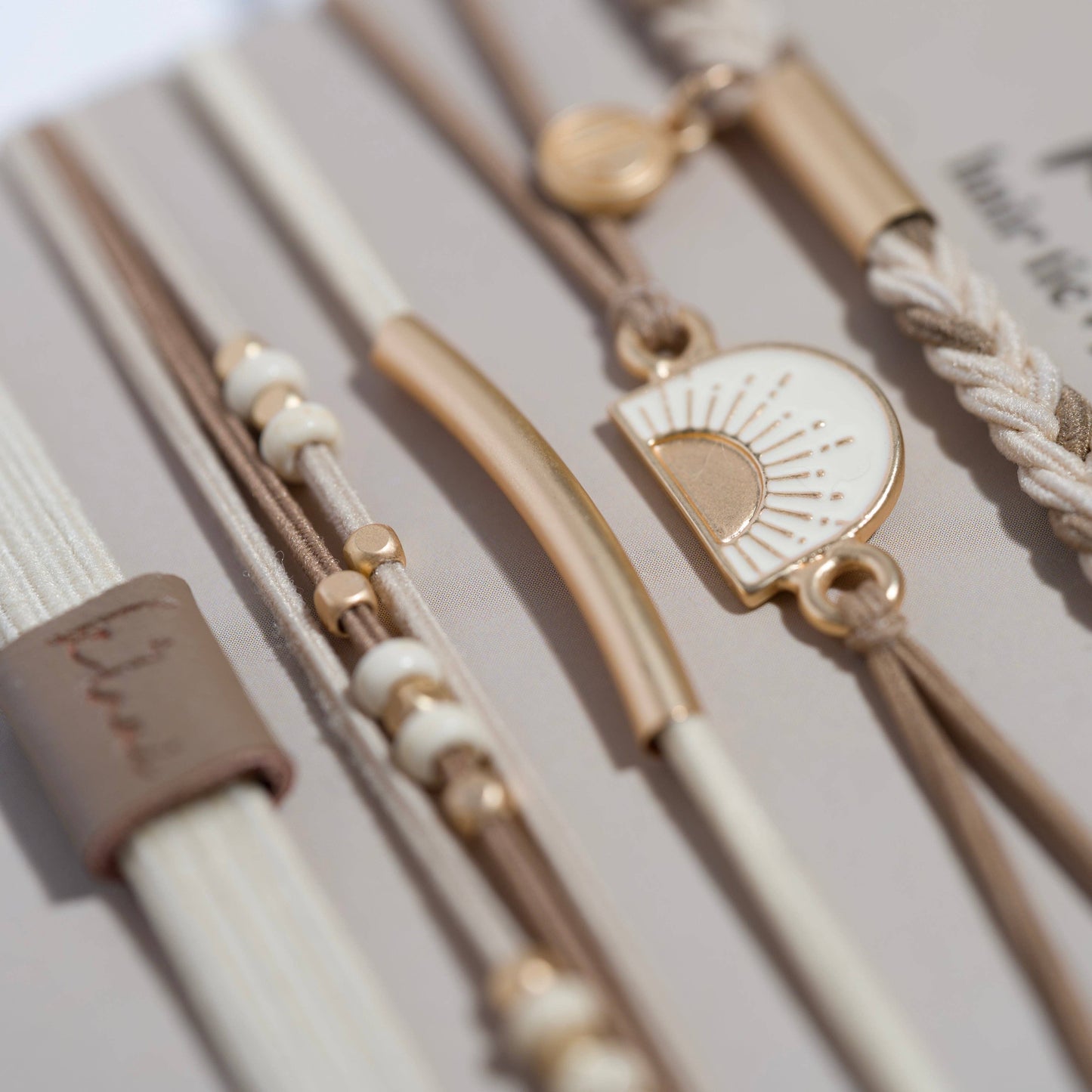 K'lani hair tie bracelets - "Rise" Cream and Tan With Gold & Sun Accents Hair Tie Bracelets