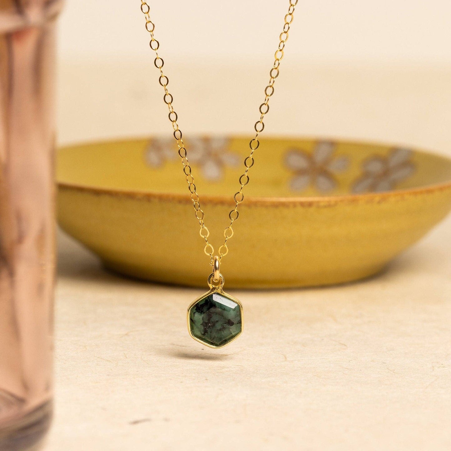 Soul & Little Rose - Emerald Hexagon Pendant Gold Necklace