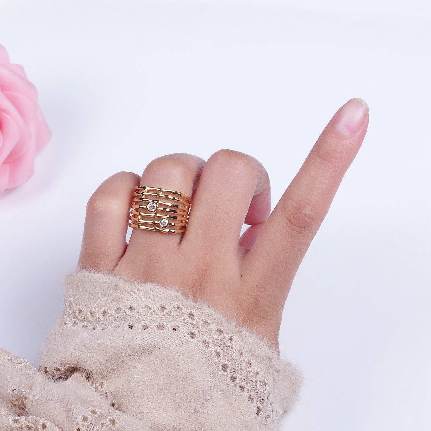 Aim Eternal - Gold Wide Multiple Bamboo Geometric CZ Band Statement Ring | O-068