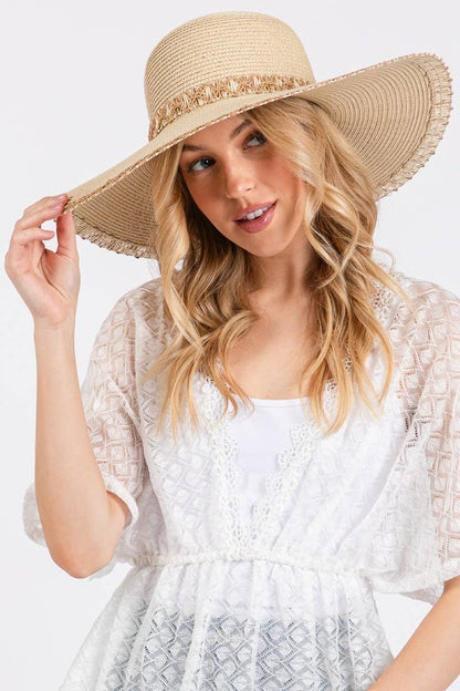 Collections by Fame Accessories - Edge Band Woven Detail Wide Sun Hat