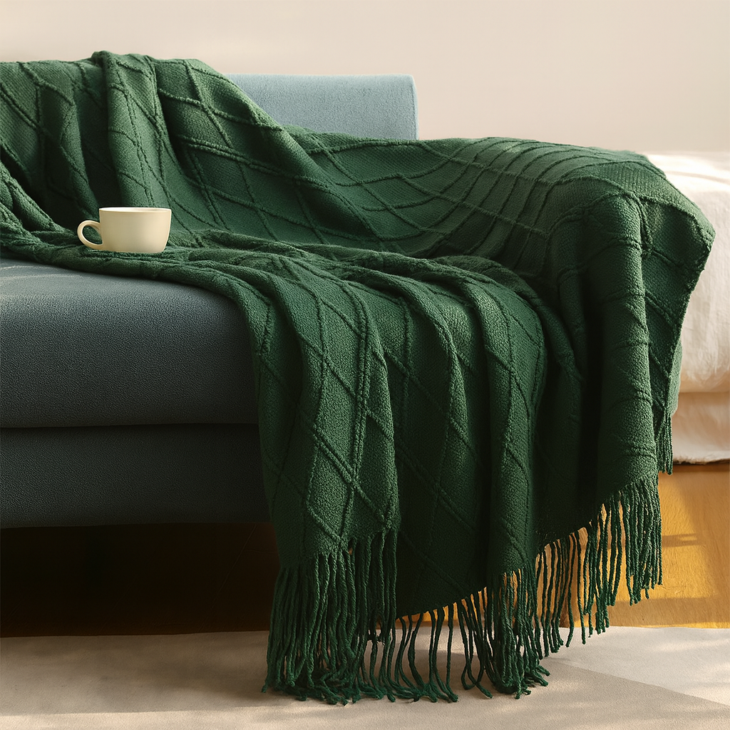 Fennco Styles - Dark Green Rhombus Diamond Knit 50x60 Inch Throw Blanket