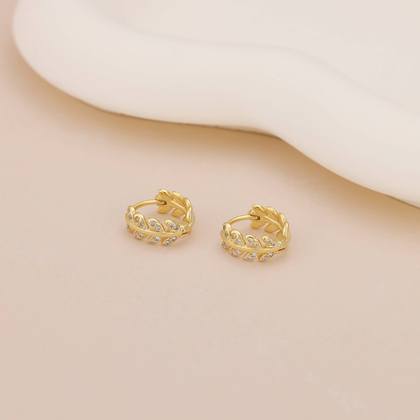 Melange Blanc - E043 gold leaf huggie earrings, leaf hoop earrings, huggies