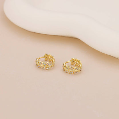 Melange Blanc - E043 gold leaf huggie earrings, leaf hoop earrings, huggies