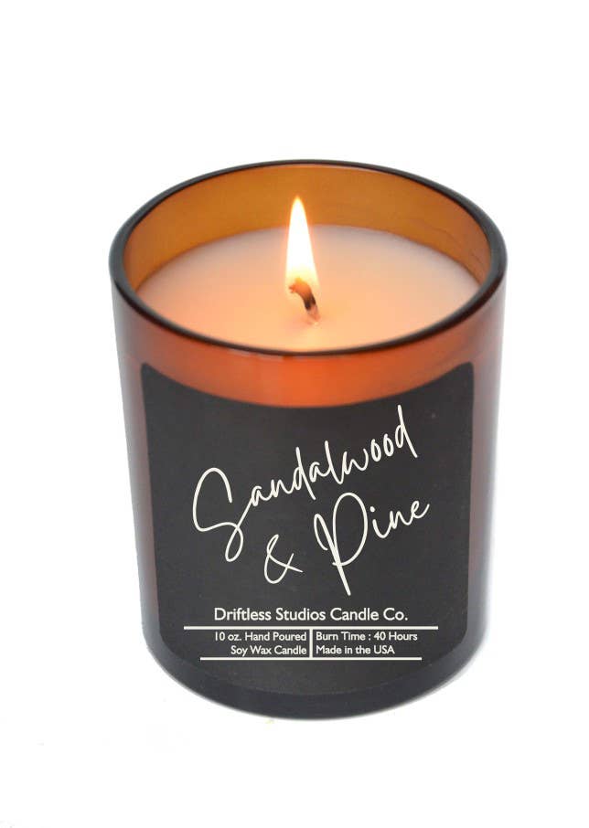 Driftless Studios - Sandalwood & Pine Soy Candle - 10oz Jar With Lid Black Label