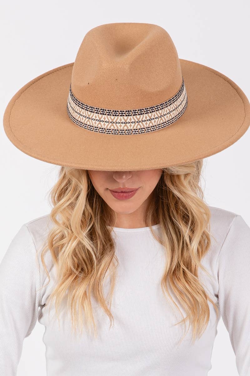 Collections by Fame Accessories - Flat Brim Boho Pattern Band Fedora Hat