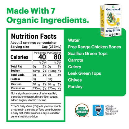 Gourmend Foods - Chicken Bone Broth (Organic, Just 7 Ingredients, Low FODMAP)