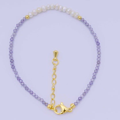 Aim Eternal - 24K Gold Filled Shell Pearl Multifaceted Natural Gemstone Bead 6.69 Inch Bracelet w. Extender | WA-03695 ~ WA-03717