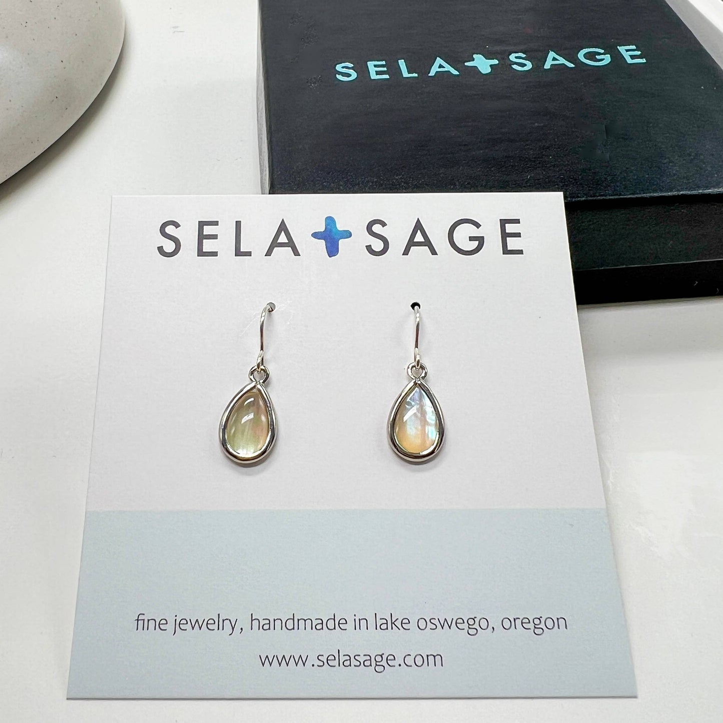 Sela+Sage - Small Mother of Pearl Earrings, Bezel Teardrops Gold Filled