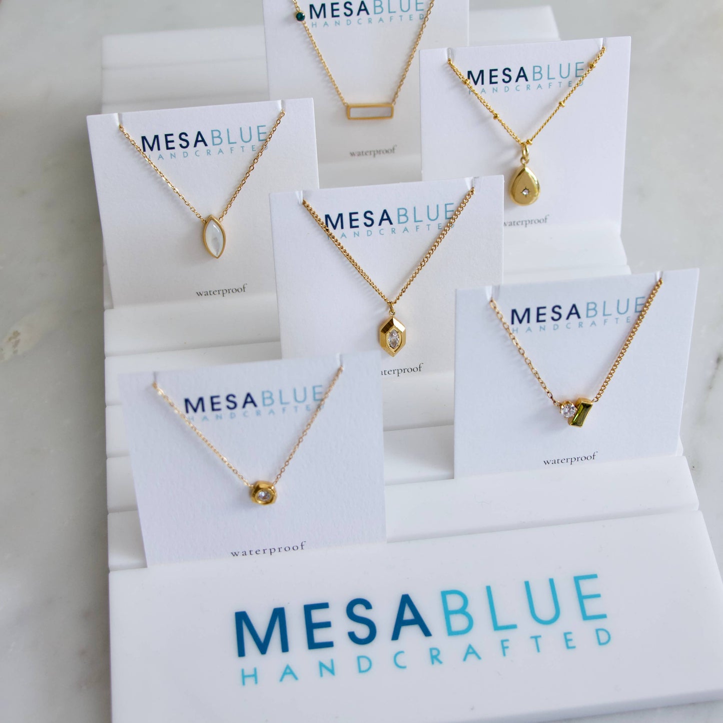 Mesa Blue - White Shell Inlay Bar Necklace - Waterproof  