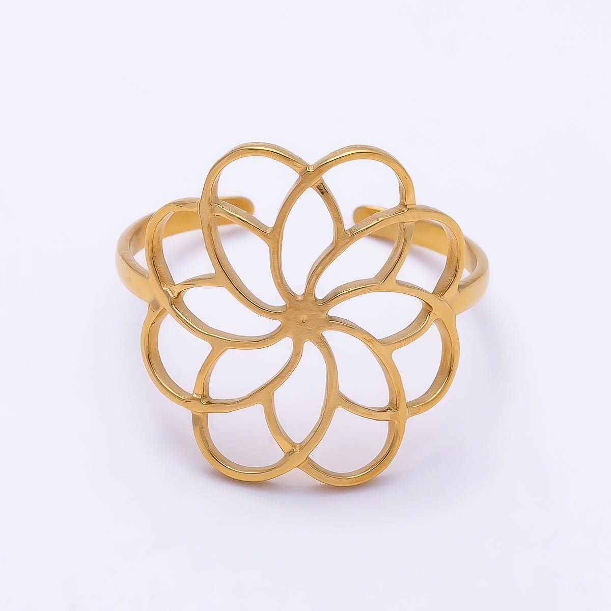 Aim Eternal - PVD Gold Stainless Steel Open Minimalist Flower Statement Ring | Rings-00323