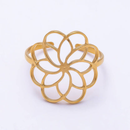 Aim Eternal - PVD Gold Stainless Steel Open Minimalist Flower Statement Ring | Rings-00323