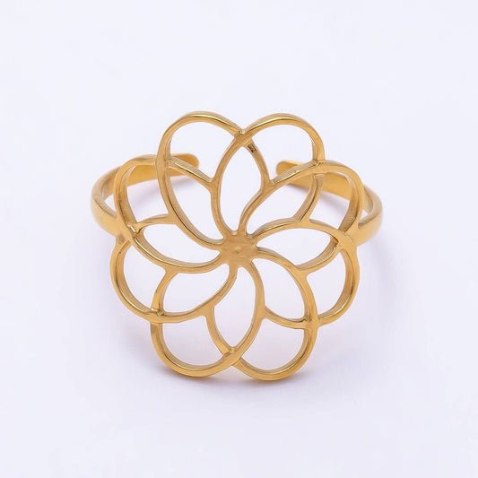 Aim Eternal - PVD Gold Stainless Steel Open Minimalist Flower Statement Ring | Rings-00323