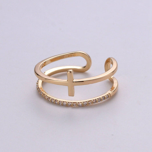Aim Eternal - Side Cross Ring - Gold Cross Ring - Stacking Rings - Sideway Cross Ring - Cross Jewelry - Religious Jewelry - Sign Ring - Micro Pave ring R060