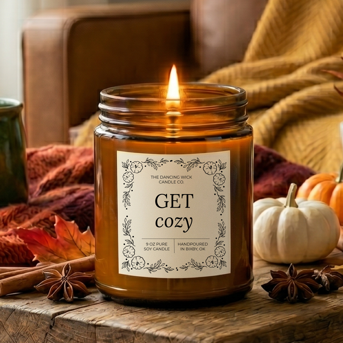 THE DANCING WICK CANDLES - Get Cozy | Amber Soy Candle | 4 oz, 9 oz | Apple Cider Scent