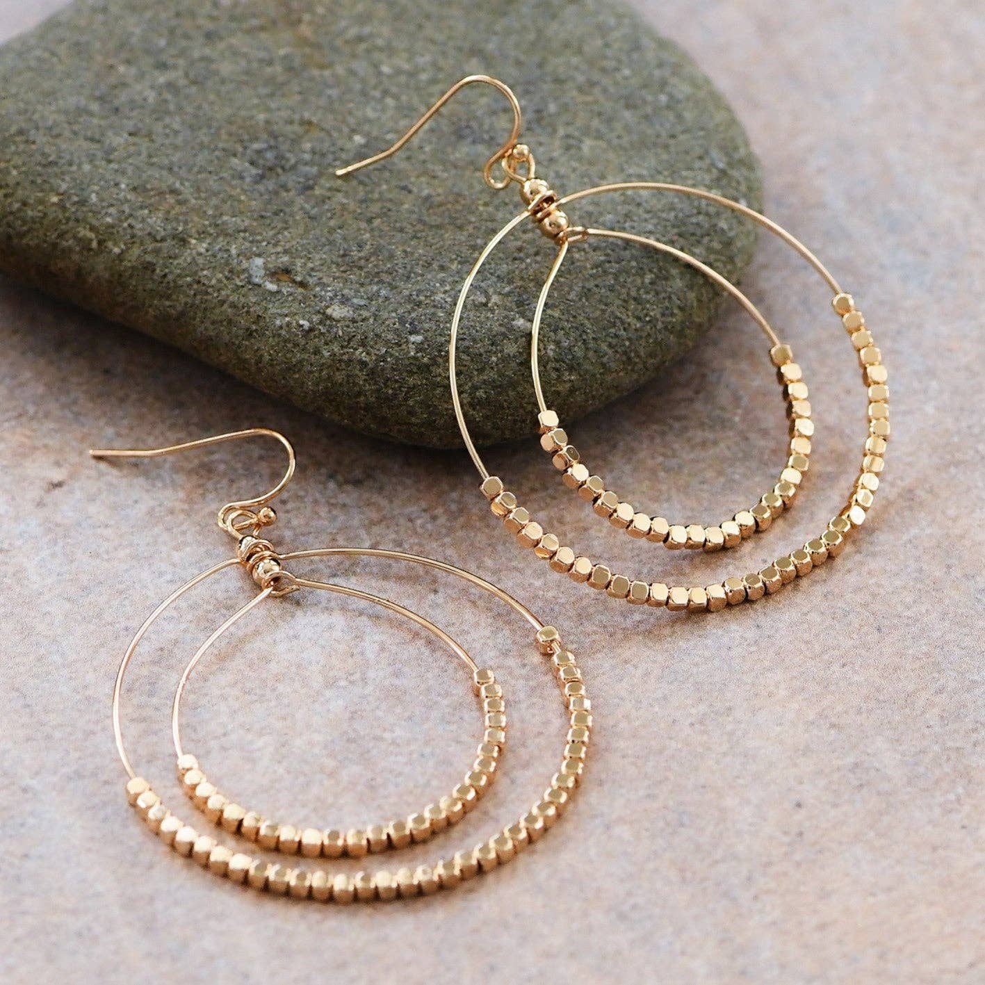 MA220 Mia Accessories - Gold Beaded Double Circle Drop Earrings - 5861